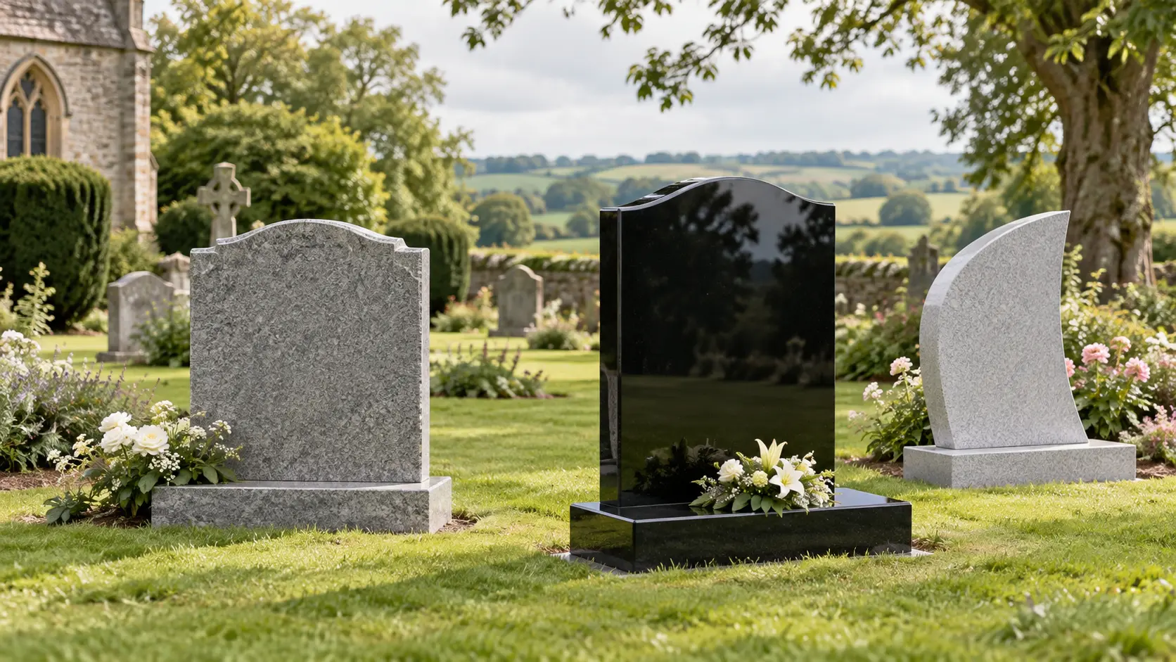 Popular handcrafted memorial designs in a rural English cemetery