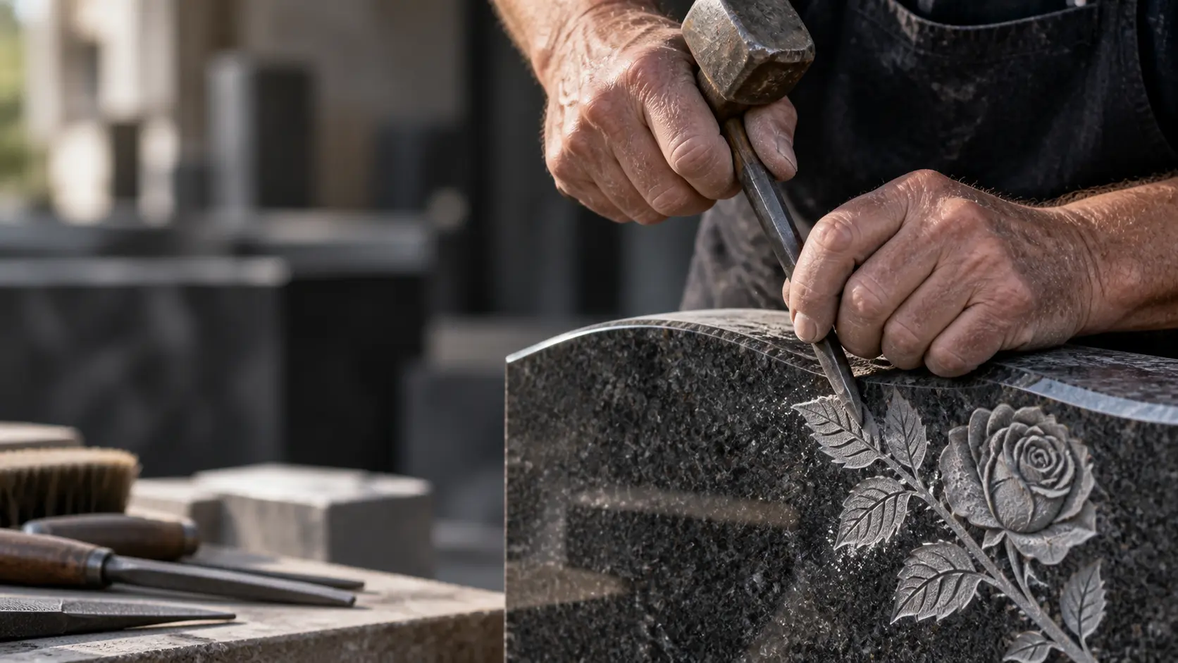 Memorial mason carefully carving a floral detail