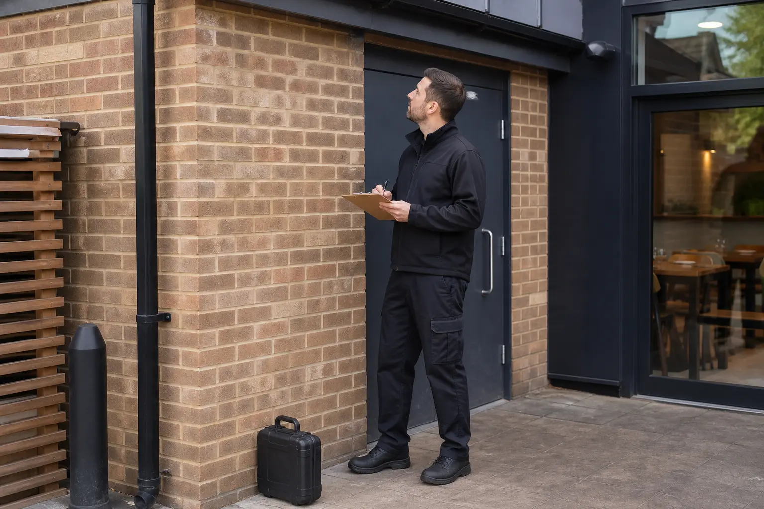 Pest-control technician inspecting the service entrance of commercial premises in daylight