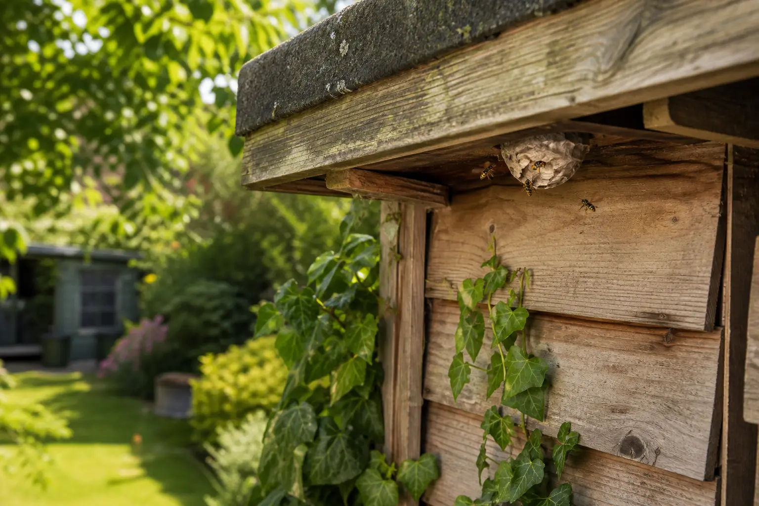 Active wasp nest beneath the ledge of a domestic garden shed