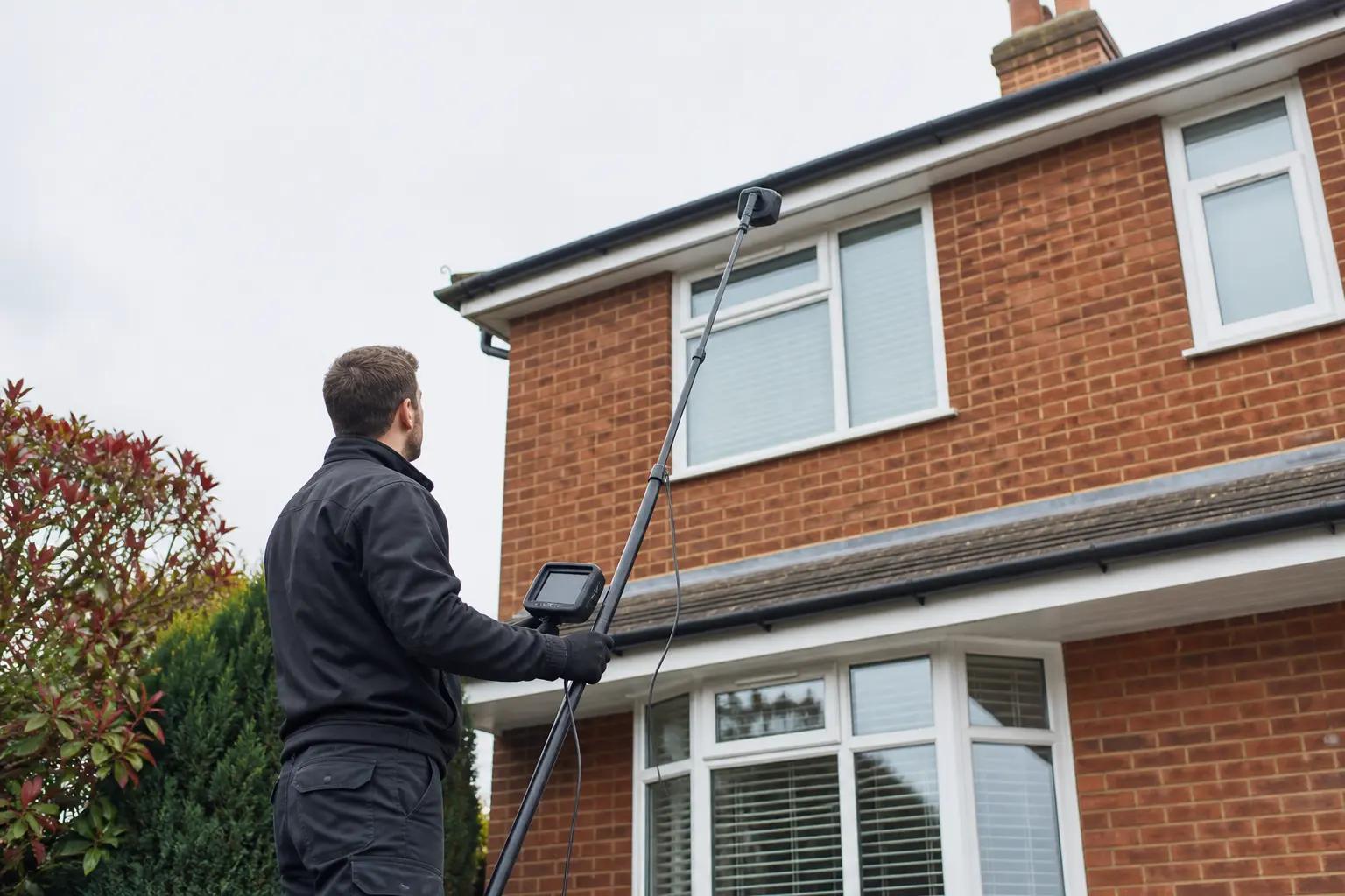 Technician assessing a domestic roofline with a telescopic inspection camera