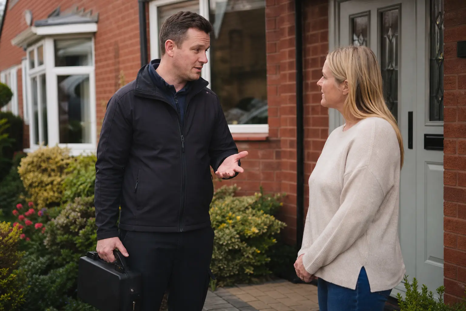 Pest-control technician advising a homeowner in Walton