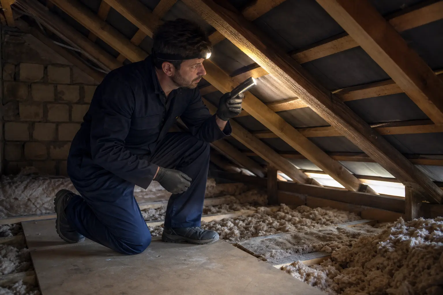 Pest-control technician safely inspecting a roof junction inside a loft