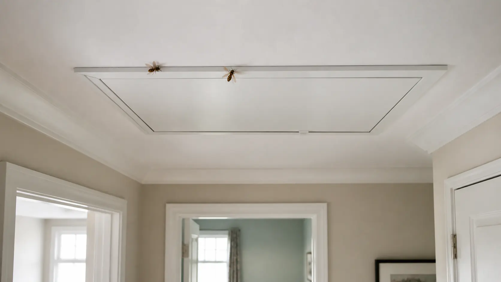 Wasps near a closed loft hatch inside a home