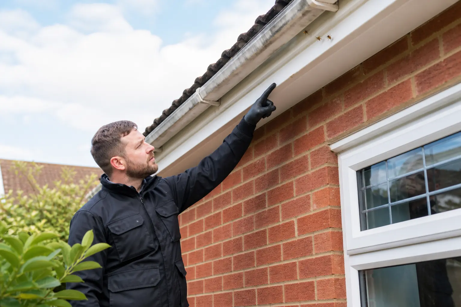 Technician identifying wasp activity beneath a domestic soffit