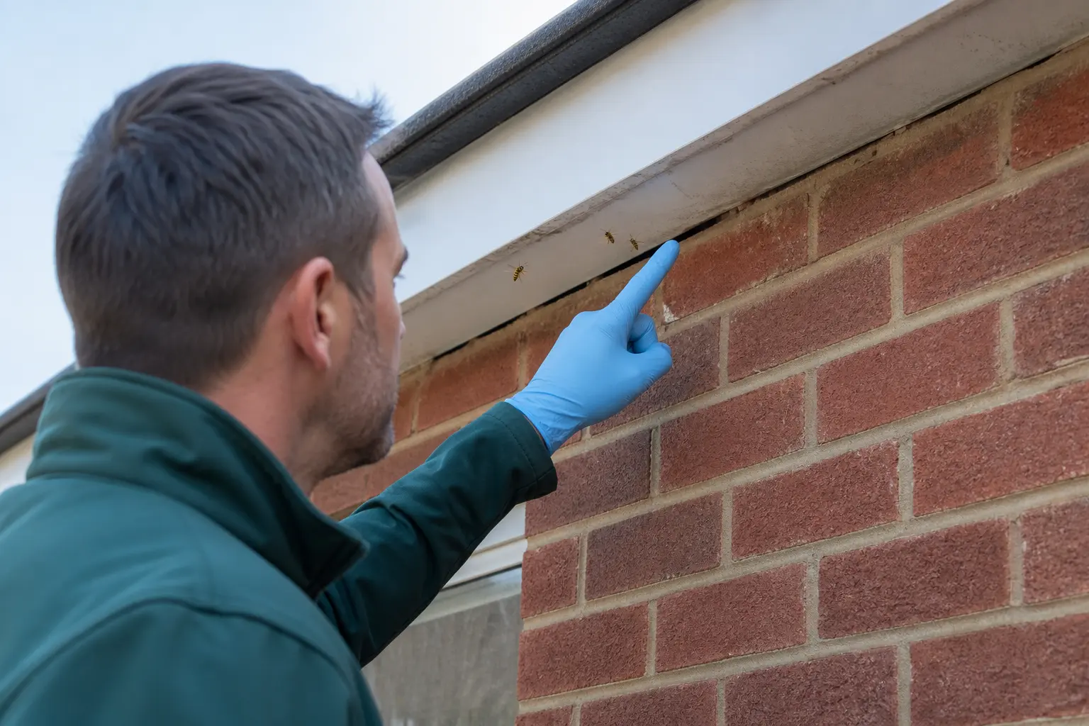 Technician visually tracing a hidden wasp nest entry point in exterior brickwork