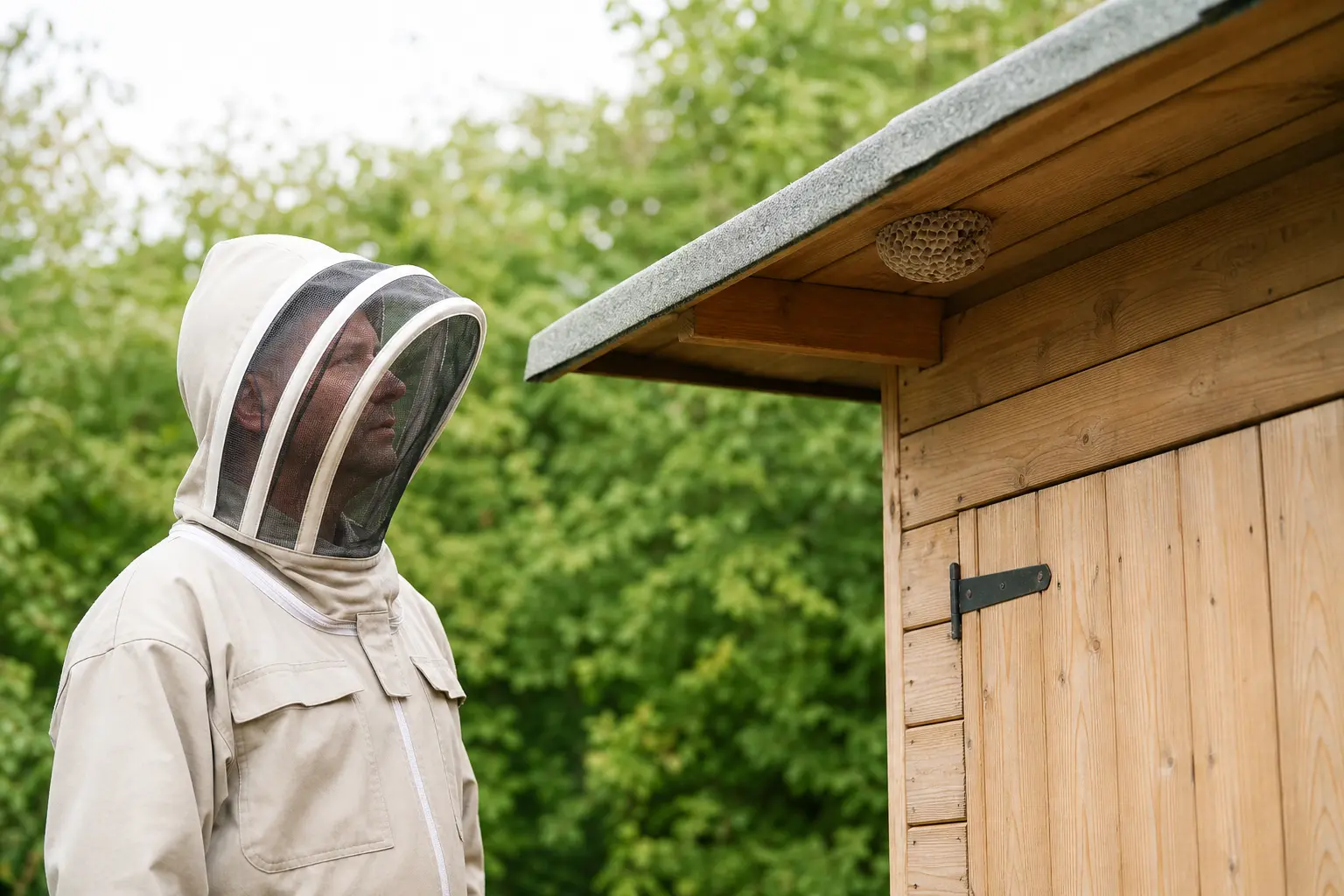 Pest-control technician safely inspecting a wasp nest beneath an outbuilding eave in daylight