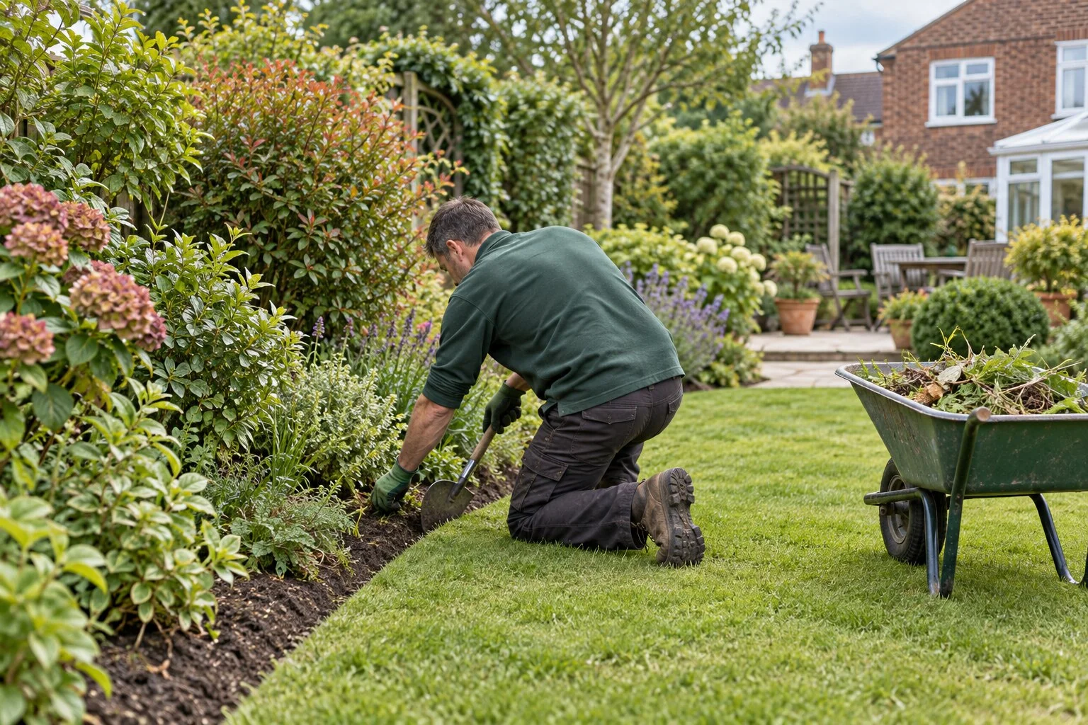 Gardener weeding and edging a planted border