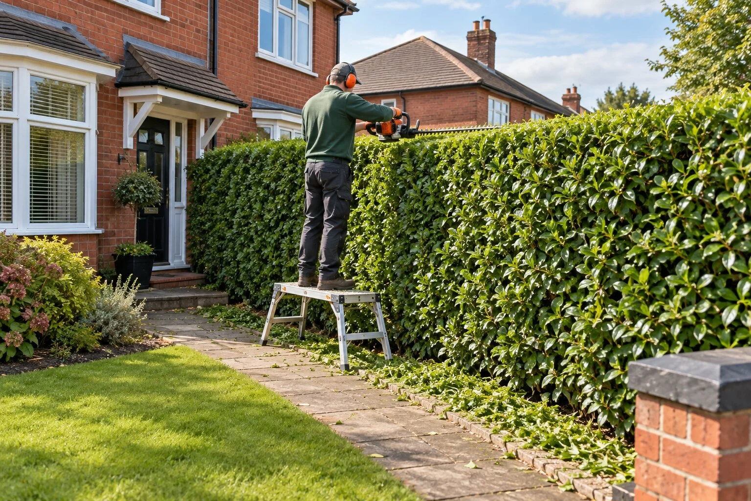 Gardener trimming a tall hedge with a hedge trimmer