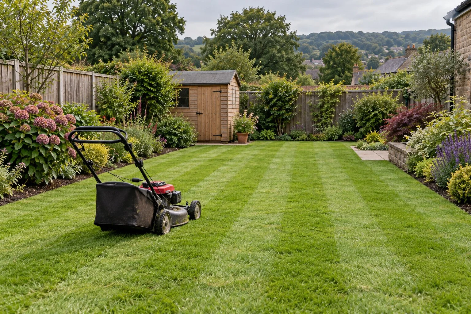 Gardener mowing a striped lawn in a back garden