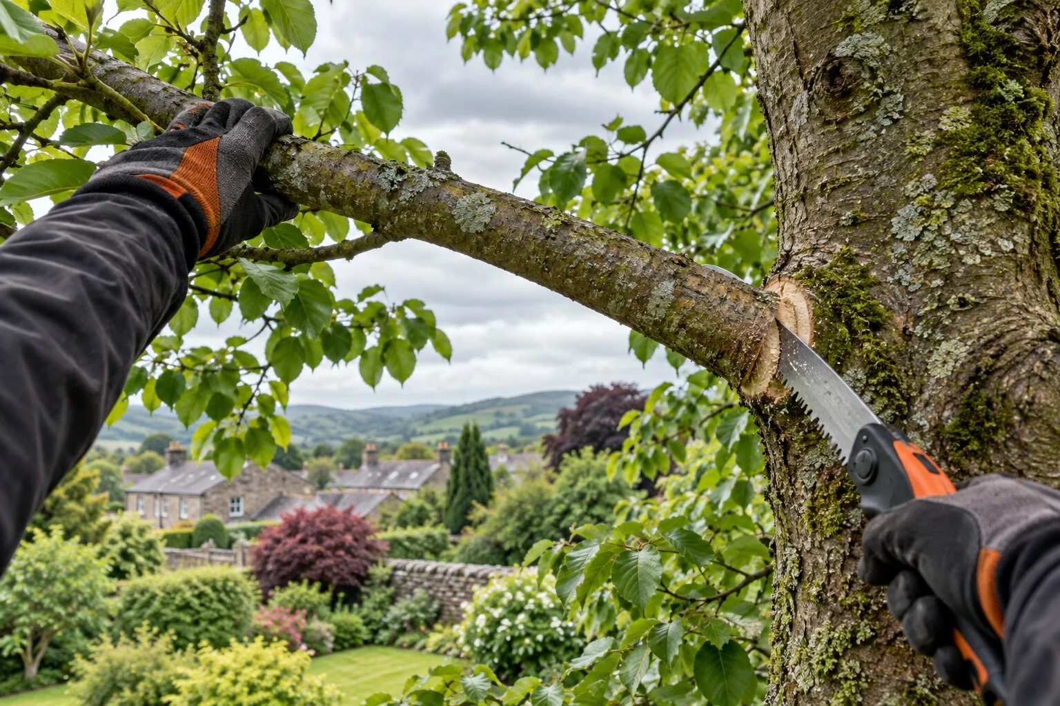 Arborist making a clean pruning cut with a handsaw