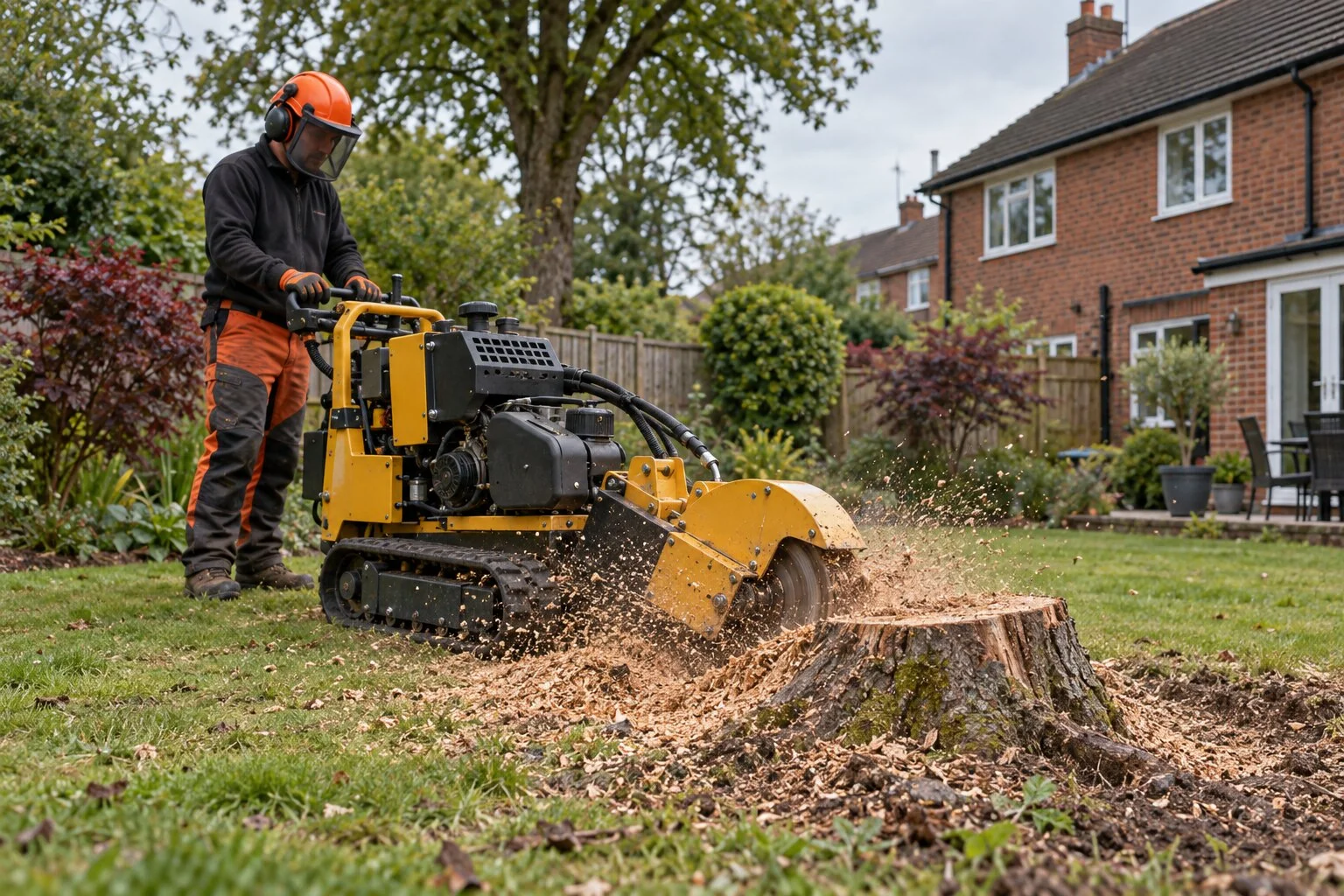 Stump grinder removing a tree stump from a lawn
