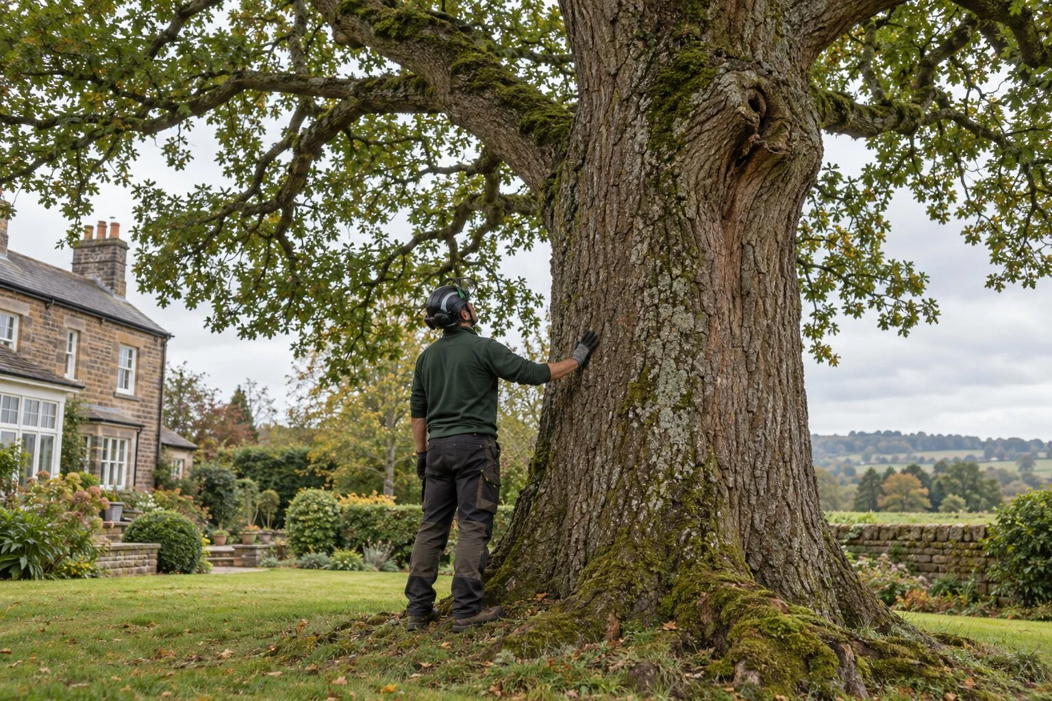 Arborist checking the trunk and crown of a mature oak