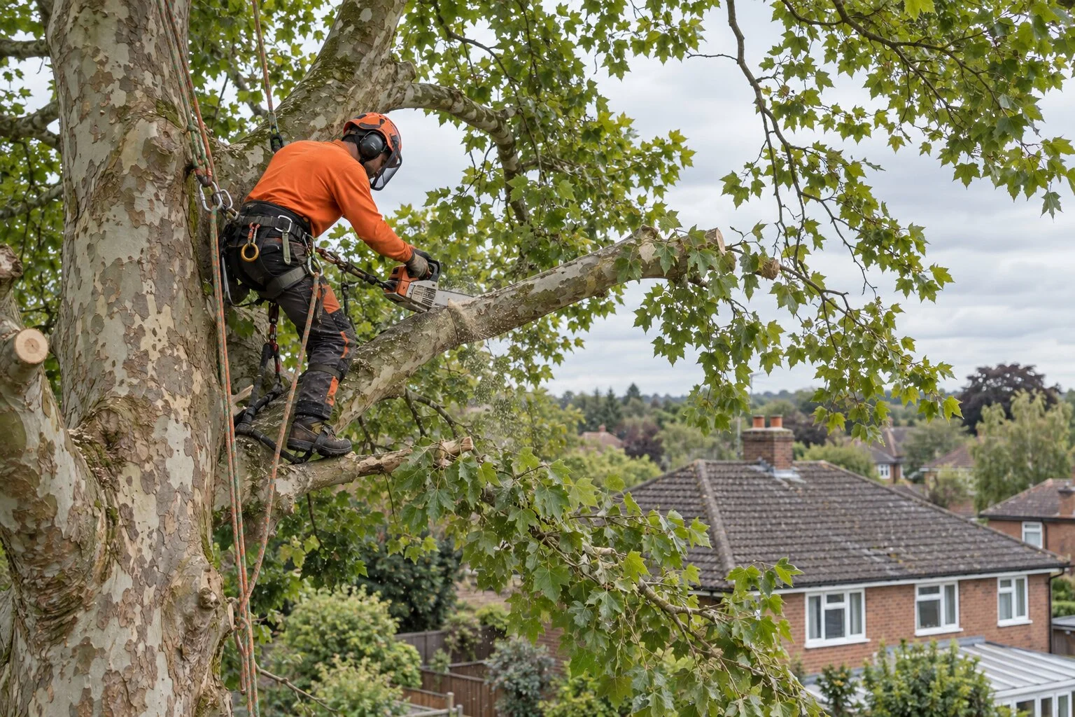 Arborist pruning the crown of a large garden tree